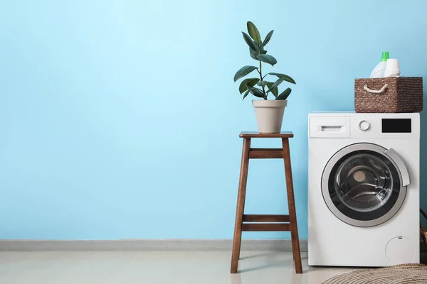 Washing Machine Basket Houseplant Stool Blue Wall — Stok Foto