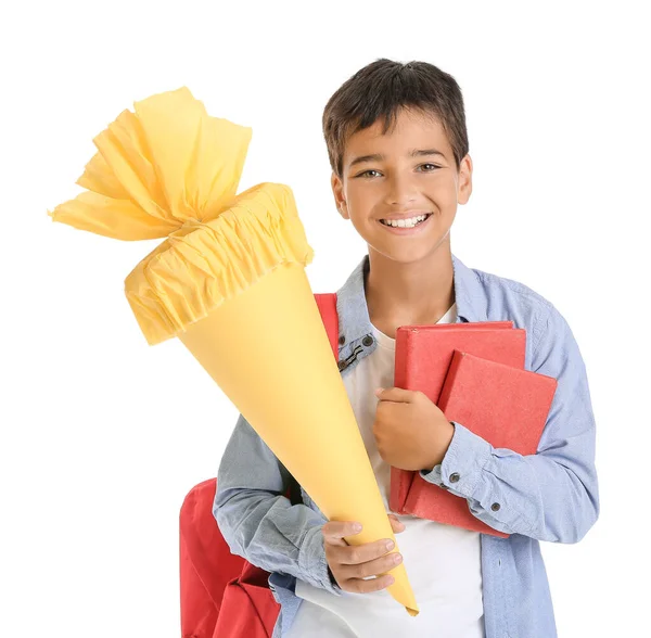 Little Boy Yellow School Cone Books White Background — Foto Stock