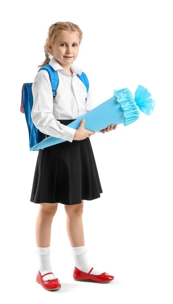 Мила Маленька Дівчинка Синім Шкільним Конусом Рюкзаком Білому Тлі — стокове фото