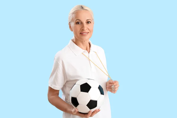 Mature Teacher Soccer Ball Blue Background — Foto de Stock