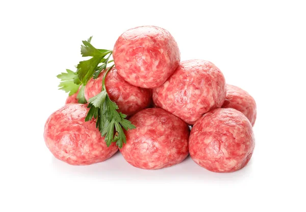 Raw Meat Balls Parsley White Background — Foto de Stock