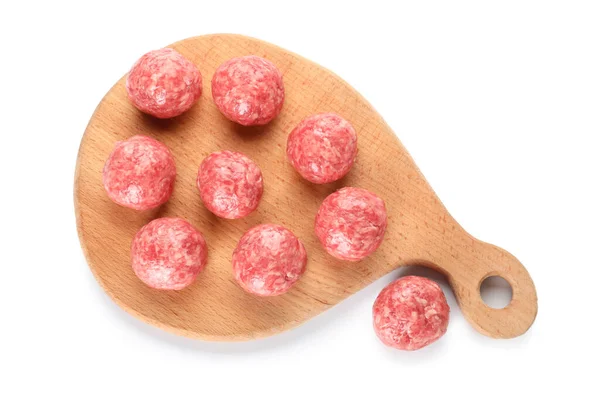 Cutting Board Raw Meat Balls White Background — Foto de Stock