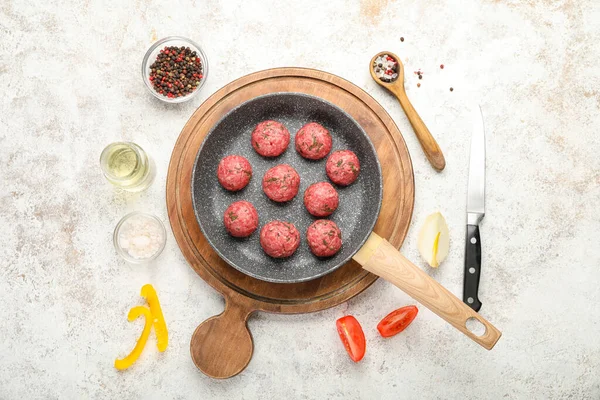 Frying Pan Raw Meat Balls Board Ingredients Light Background — Stock fotografie
