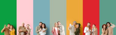 Collection of happy couples in autumn clothes on color background with space for text