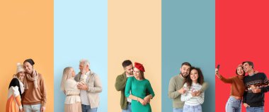 Group of happy couples in autumn clothes on color background with space for text