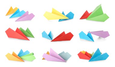 Set of colorful paper planes isolated on white 