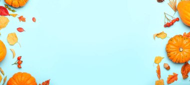 Pumpkins, dry leaves and berries on light blue background with space for text