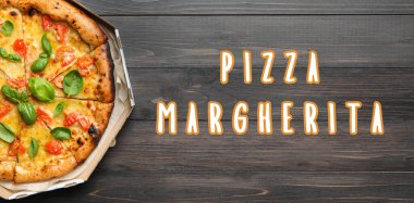 Delicious pizza Margherita on wooden background, top view