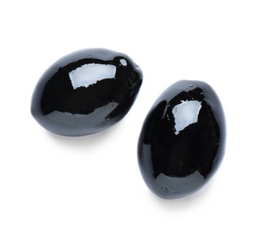 Two black olives on white background