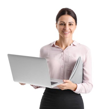 Female teacher of computer sciences with laptop and notebook on white background
