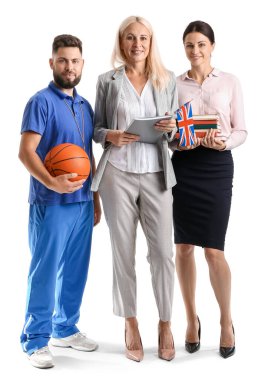 Teachers with UK flag, books and ball on white background