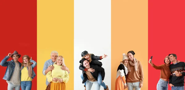 Collage Happy Couples Autumn Clothes Color Background Space Text — Stok fotoğraf