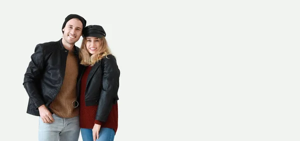 Portrait Happy Young Couple Warm Autumn Clothes Light Background Space — 图库照片