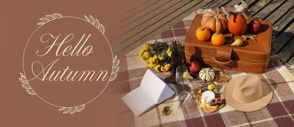 Tasty Food Wine Romantic Picnic Book Text Hello Autumn — Fotografia de Stock