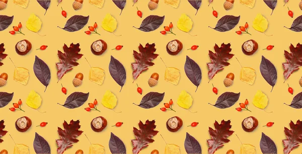 Many Autumn Leaves Chestnuts Berries Acorns Beige Background Banner Design — Stock Fotó