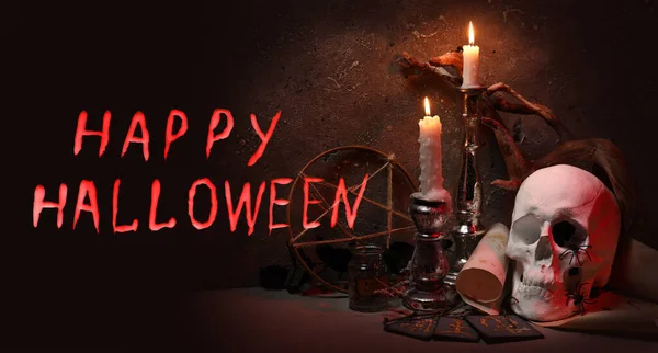 Skull Magic Attributes Ritual Grunge Background Happy Halloween — Stockfoto