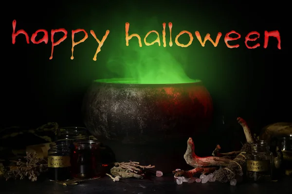 Witch Cauldron Potion Magic Attributes Ritual Dark Background Happy Halloween — Stockfoto