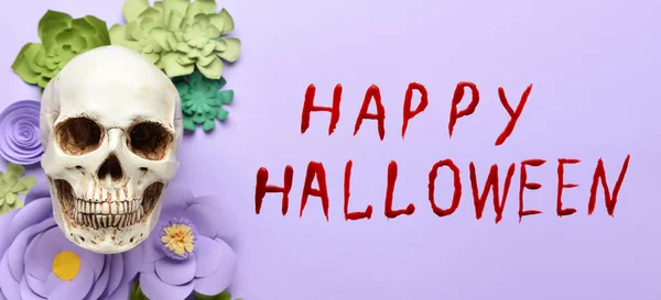 Human Skull Paper Flowers Text Happy Halloween Lilac Background — Stockfoto