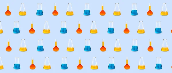 Many Laboratory Flasks Light Blue Background Pattern Design — Stock Fotó