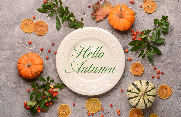 Autumn Table Setting Pumpkins Grey Background — Foto Stock