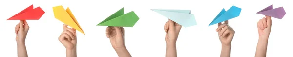 Set Hands Holding Colorful Paper Planes Isolated White — Stock Photo, Image