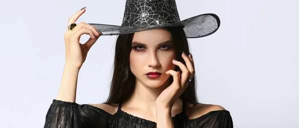 Beautiful Woman Dressed Witch Halloween Light Background — Stock Photo, Image