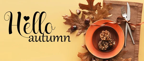 Stylish Table Setting Text Hello Autumn Color Background — Fotografia de Stock