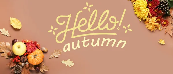 Beautiful Autumn Composition Text Hello Autumn Brown Background — Stockfoto
