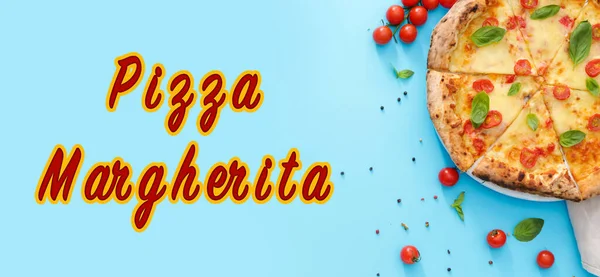 Delicious Pizza Margherita Light Blue Background Top View — Stockfoto