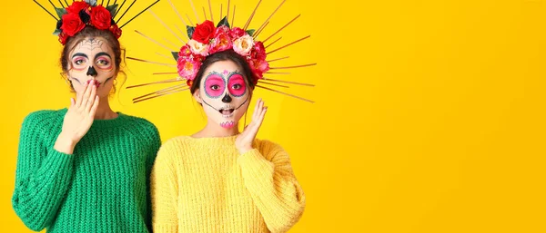 Surprised Women Painted Skull Faces Yellow Background Space Text Halloween — Stock Photo, Image