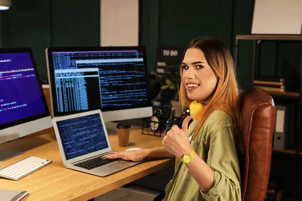 Transgender Programmer Working Server Room — Stock fotografie