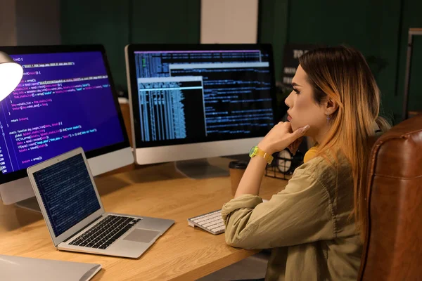 Transgender Programmer Working Server Room — Fotografia de Stock