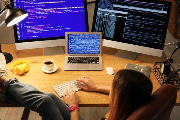 Transgender Programmer Working Server Room —  Fotos de Stock