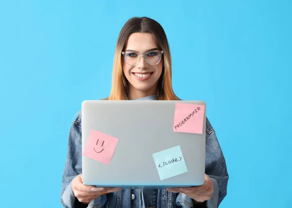 Transgender Programmer Laptop Blue Background — Stockfoto