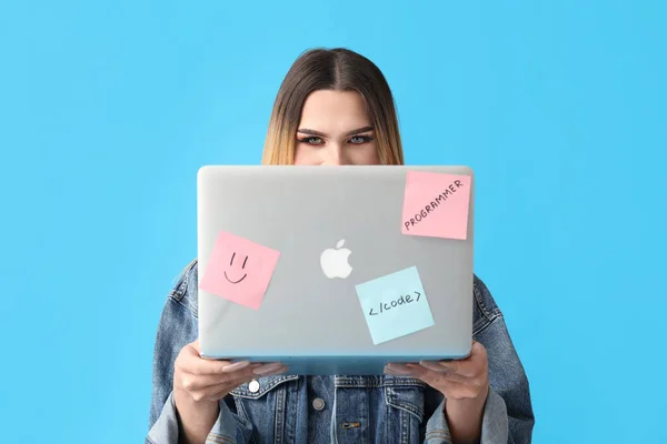 Transgender Programmer Laptop Blue Background — Stock Photo, Image