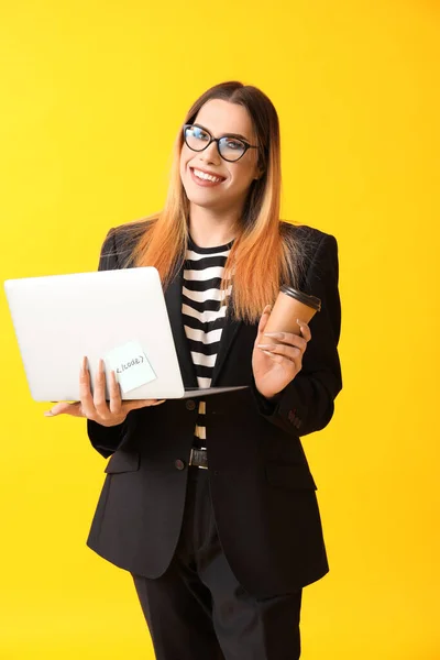 Transgender Programmer Laptop Coffee Yellow Background — Stock Photo, Image