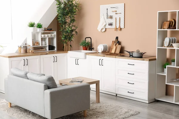 Interior Stylish Kitchen White Counters Utensils Pegboard — Stock fotografie