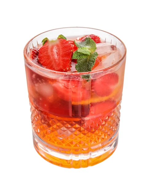 Glass of strawberry lemonade on white background