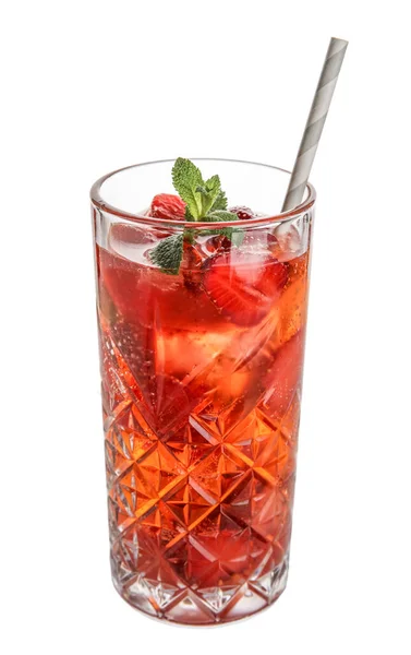 Glass Strawberry Lemonade Straw White Background — Foto de Stock