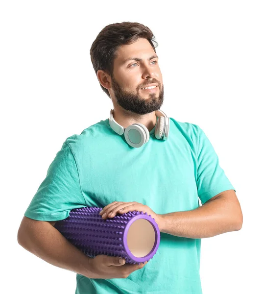 Young Man Headphones Foam Roller White Background — 스톡 사진