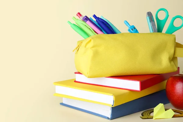 Yellow Pencil Case School Stationery Apple Beige Background — 스톡 사진