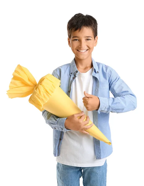 Little Boy Yellow School Cone White Background — Zdjęcie stockowe