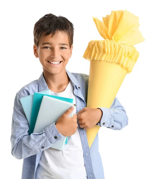 Little Boy Yellow School Cone Books White Background — Stock Fotó