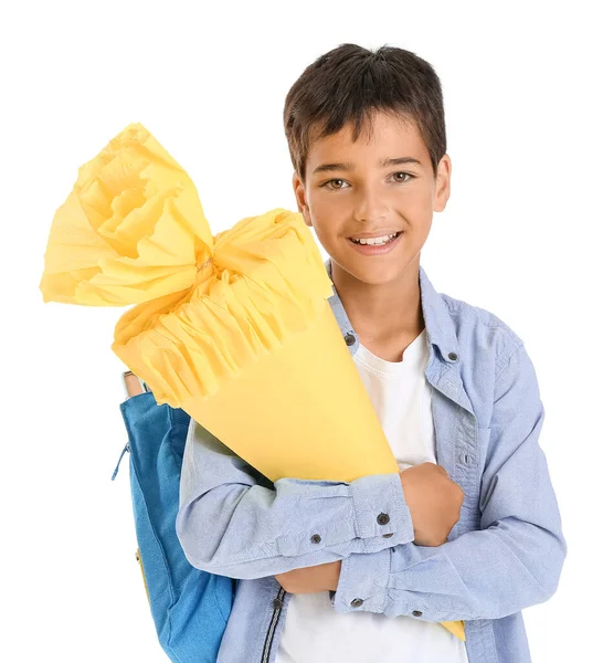 Маленький Мальчик Желтым Школьным Конусом Белом Фоне — стоковое фото