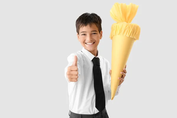 Little Boy Yellow School Cone Showing Thumb Light Background — 图库照片