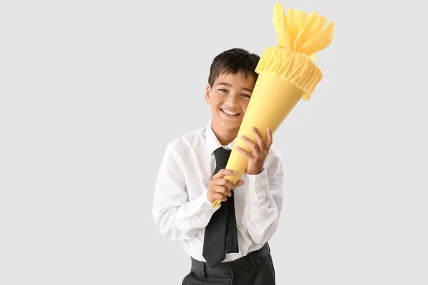 Happy Little Boy Yellow School Cone Light Background — Stock Fotó