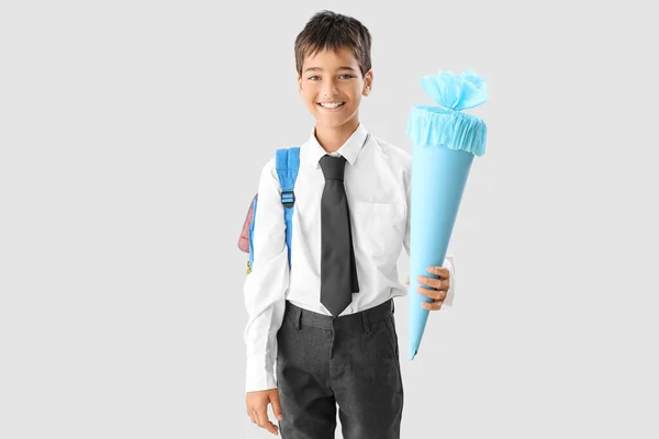 Little Boy Blue School Cone Light Background — Photo