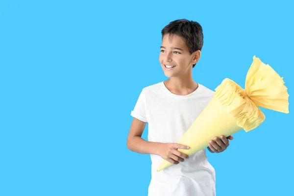 Little Boy Yellow School Cone Blue Background — Stock Fotó