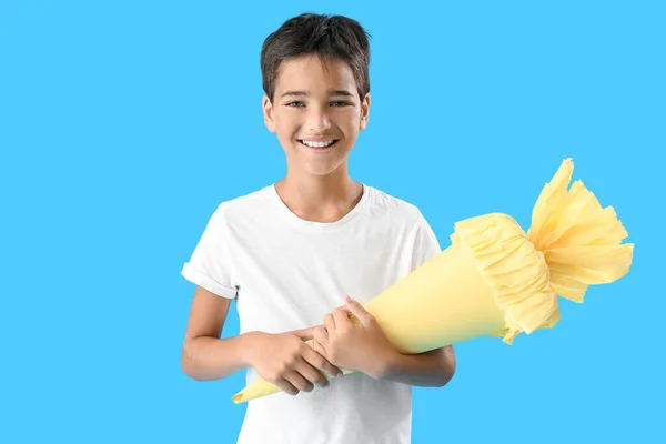 Little Boy Yellow School Cone Blue Background — Photo