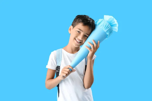 Little Boy School Cone Blue Background — Stockfoto